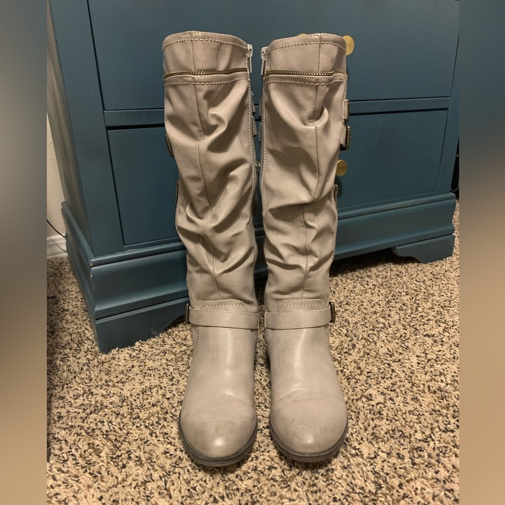 Light grey slouchy leather boots -knee high